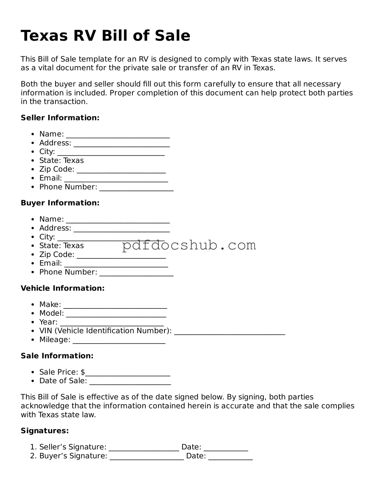 Attorney-Approved Texas RV Bill of Sale Form