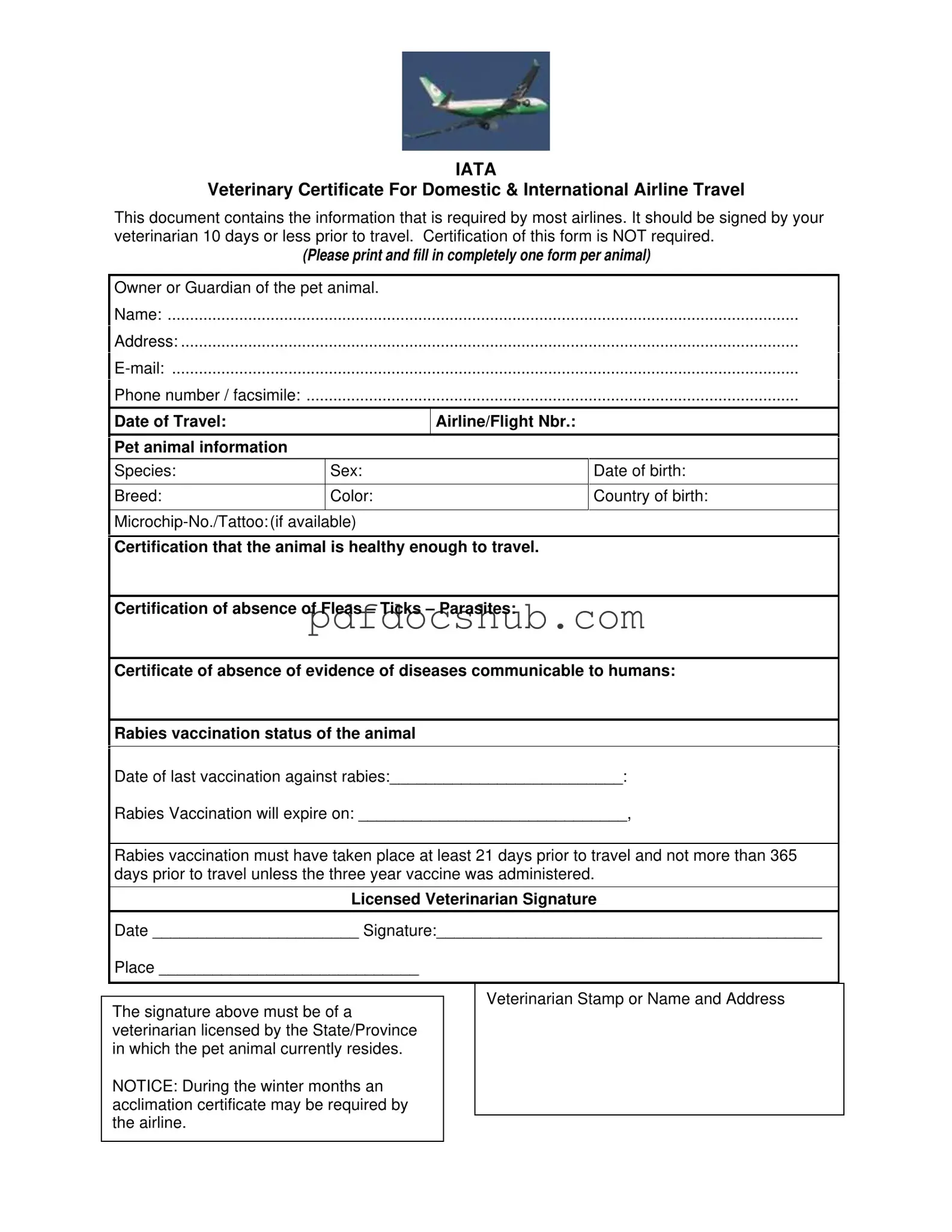 Veterinary Certificate Travel Template