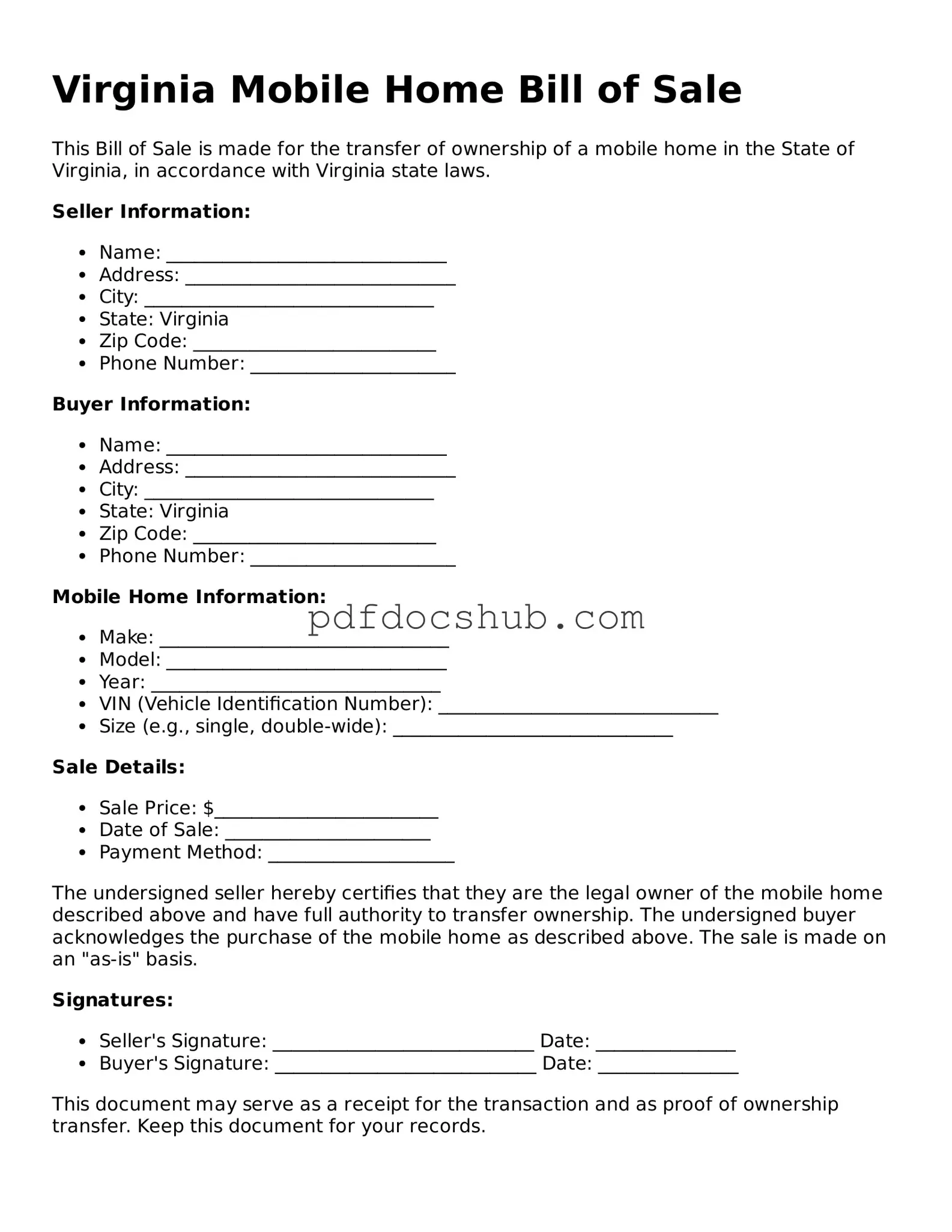 Attorney-Approved Virginia Mobile Home Bill of Sale Form