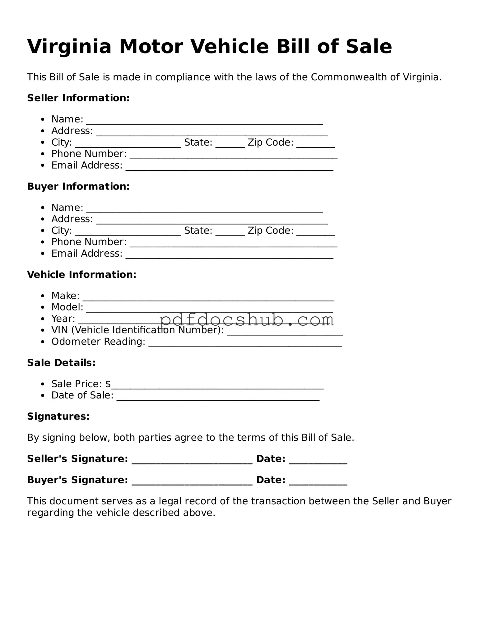 Attorney-Approved Virginia Motor Vehicle Bill of Sale Form