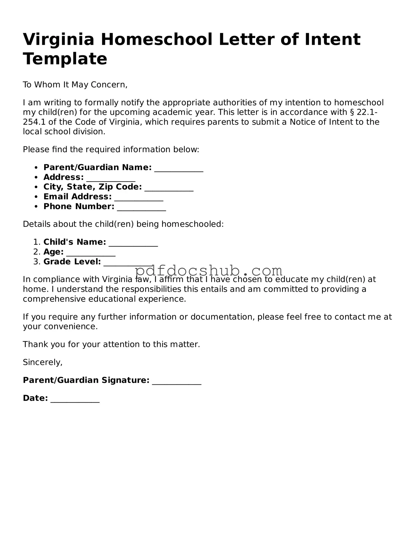 Attorney-Approved Virginia Homeschool Letter of Intent Form