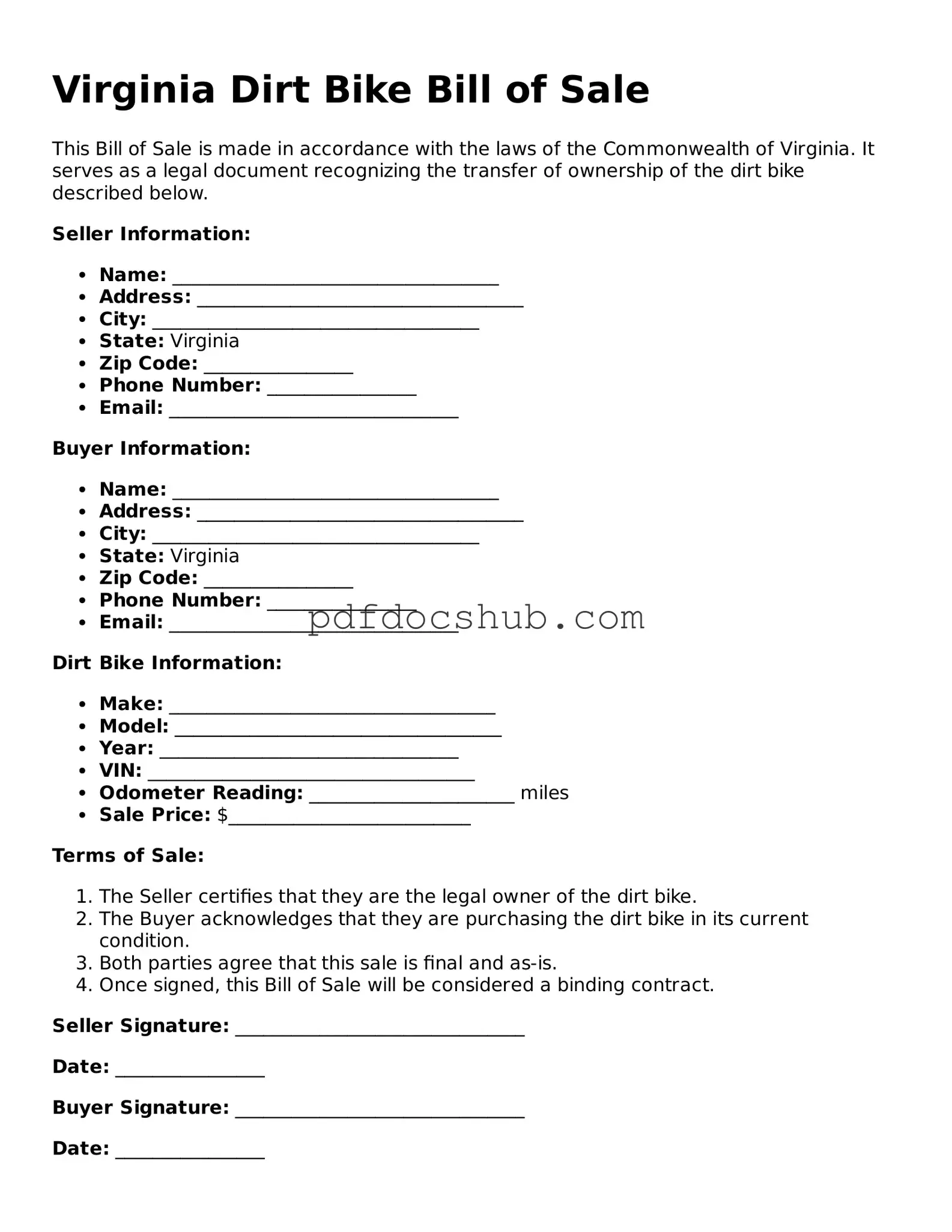 Attorney-Approved Virginia Dirt Bike Bill of Sale Form