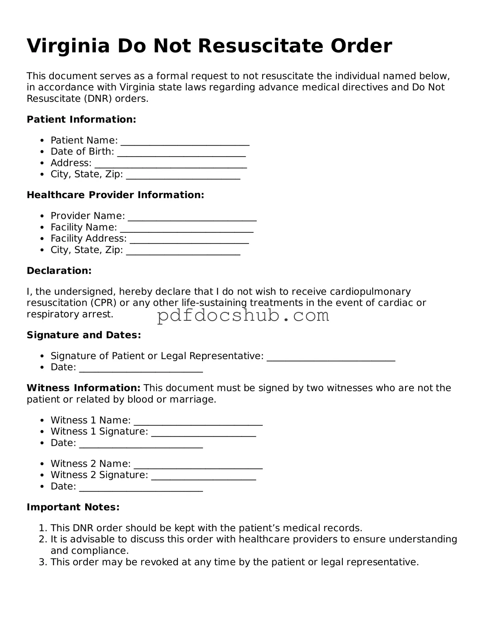 Attorney-Approved Virginia Do Not Resuscitate Order Form