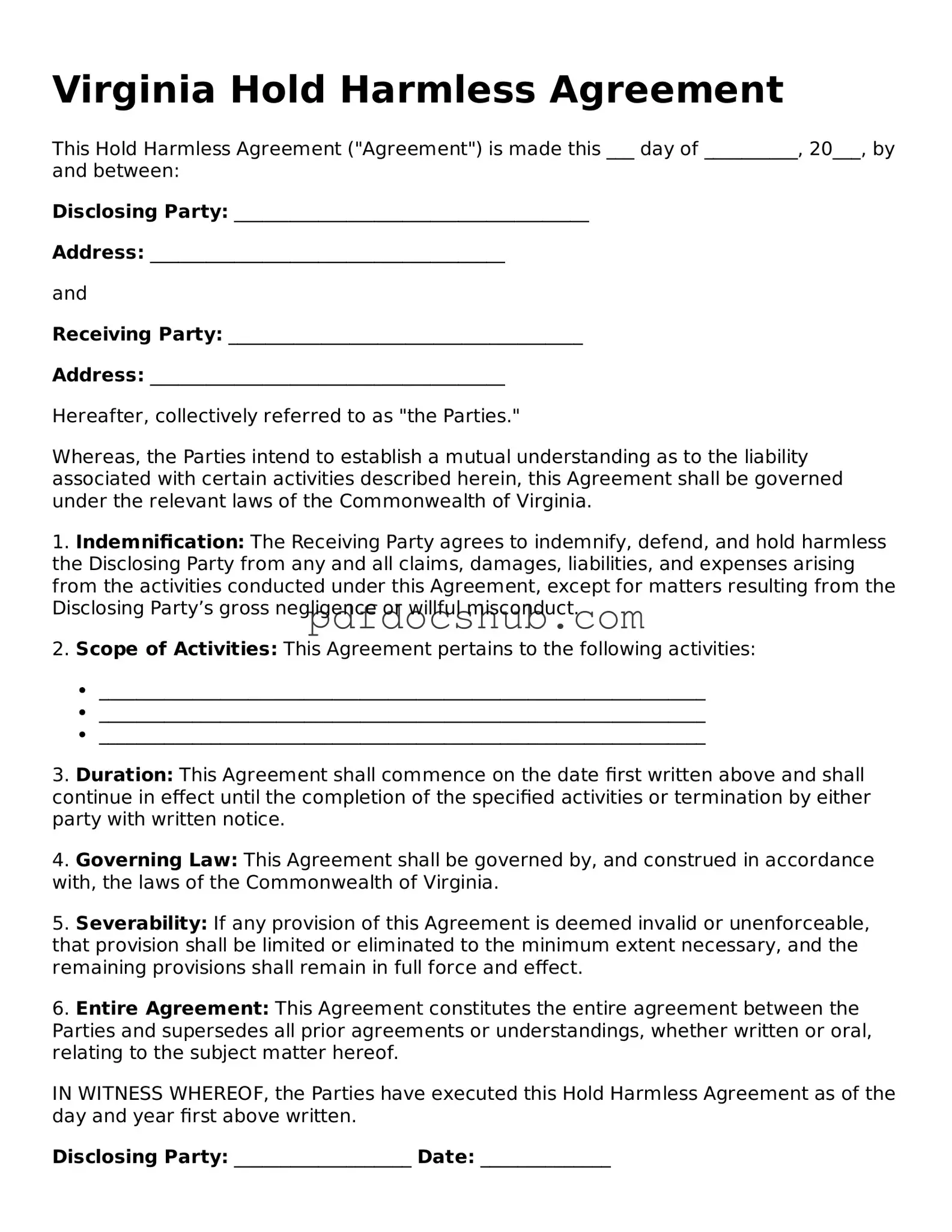 Attorney-Approved Virginia Hold Harmless Agreement Form