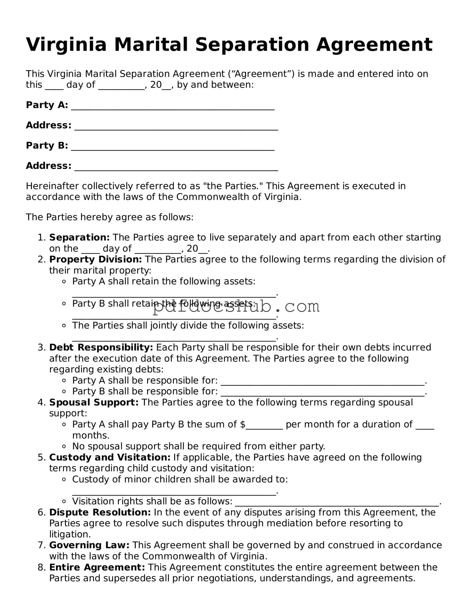 Attorney-Approved Virginia Marital Separation Agreement Form