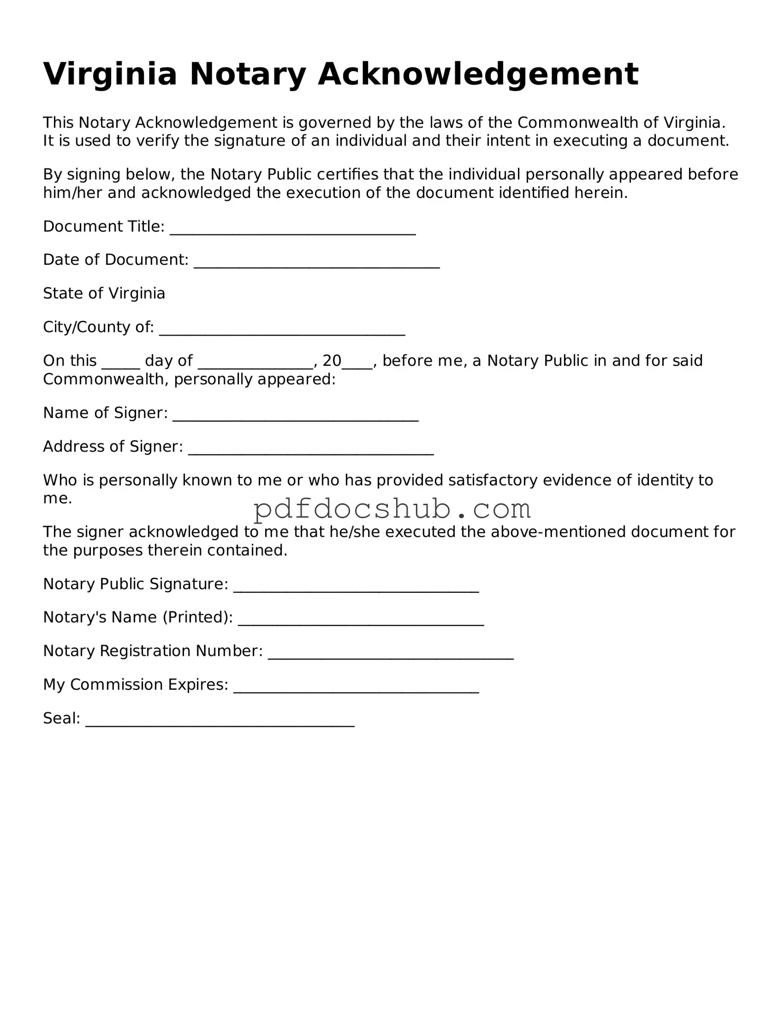 Attorney-Approved Virginia Notary Acknowledgement Form