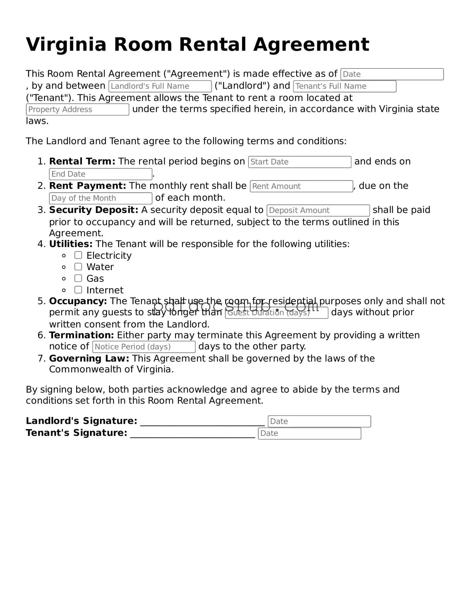 Attorney-Approved Virginia Room Rental Agreement Form