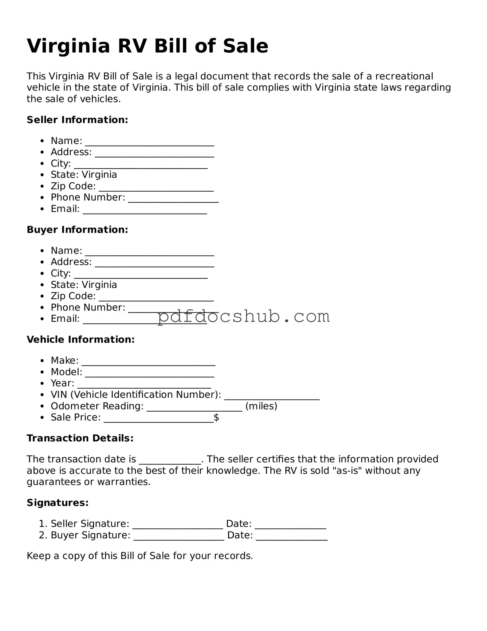 Attorney-Approved Virginia RV Bill of Sale Form