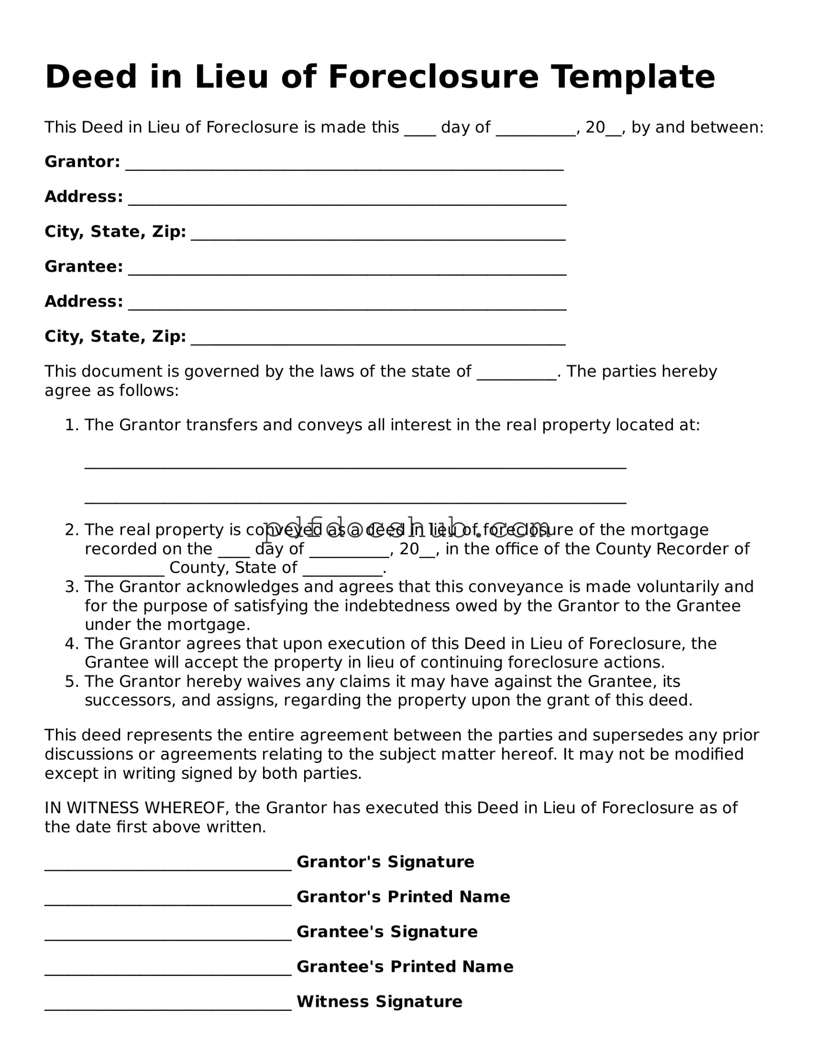 Legal Deed in Lieu of Foreclosure Template