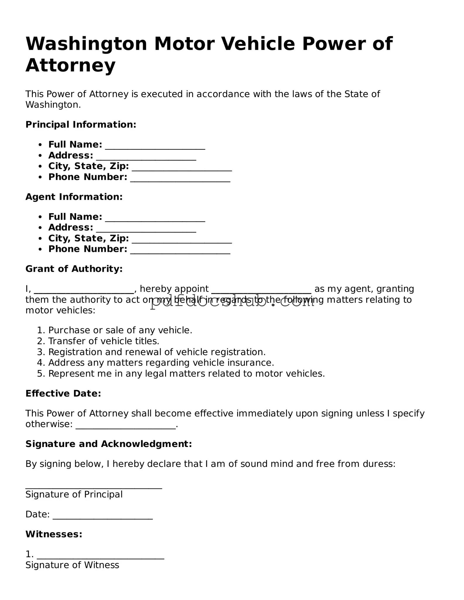 Attorney-Approved Washington Motor Vehicle Power of Attorney Form