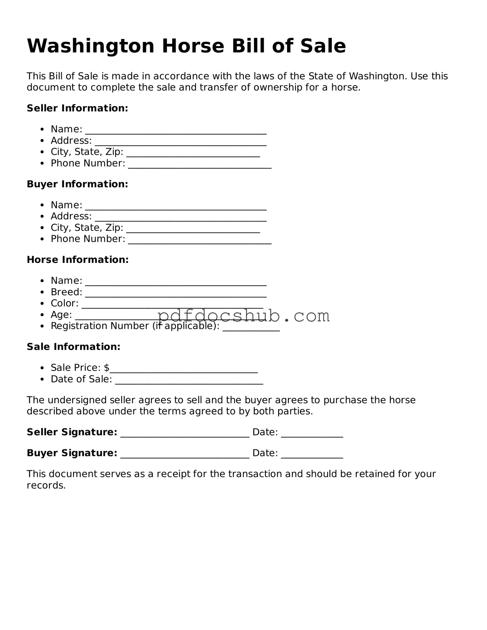 Attorney-Approved Washington Horse Bill of Sale Form