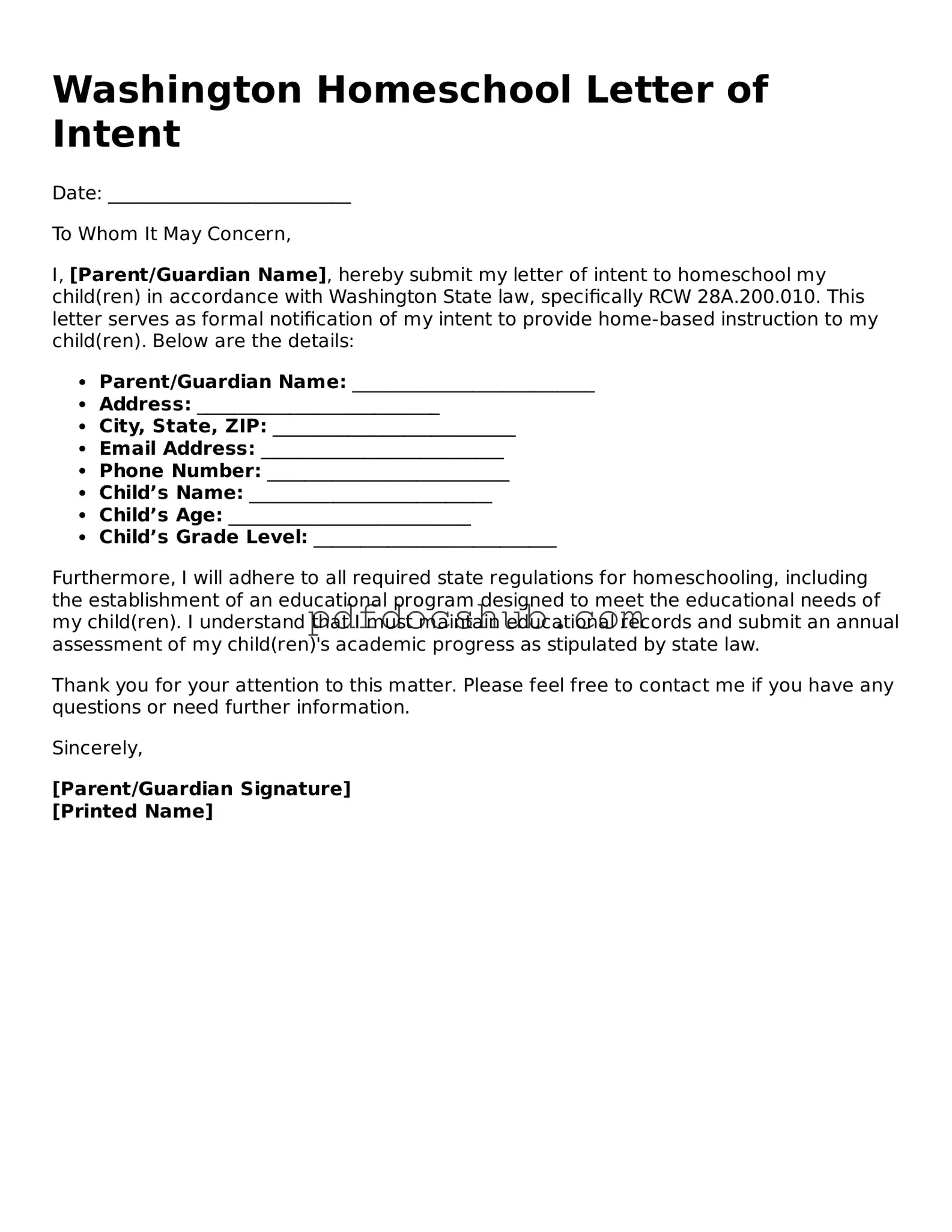 Attorney-Approved Washington Homeschool Letter of Intent Form